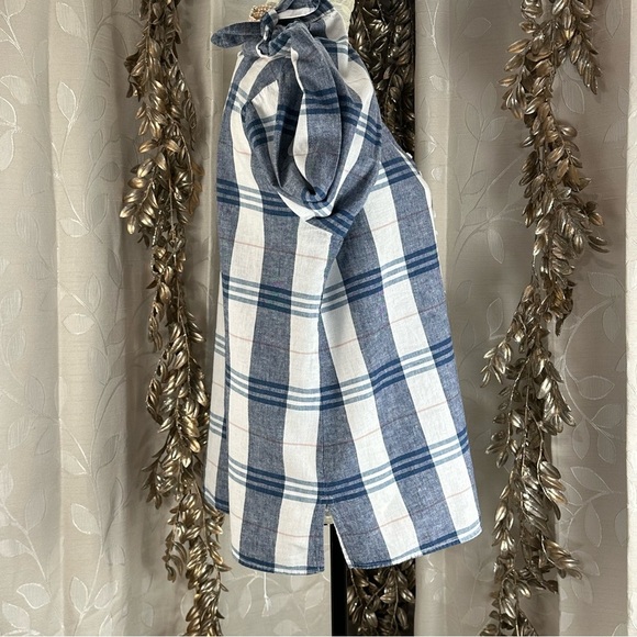 Liz‎ Claiborne Plaid Linen Blend Blouse | M Blue White Tunic Sleeve Tie - Picture 4 of 10